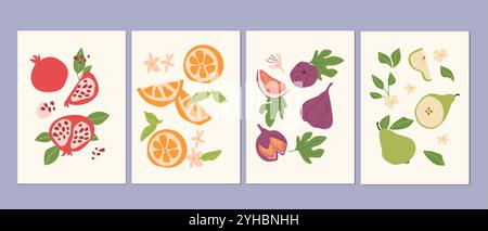 Abstrakte, moderne Poster mit Früchten, Kollektion mit flachem Design. Satz von vertikalen Karten mit tropischen Früchten ganz, Scheiben, Stücken. Granatapfel, Orange, Abb. Stock Vektor