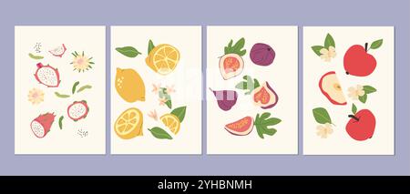 Abstrakte, moderne Poster mit Früchten, Kollektion mit flachem Design. Satz von vertikalen Karten mit tropischen Früchten ganz, Scheiben, Stücken. Drachenfrüchte, Zitronen, Stock Vektor
