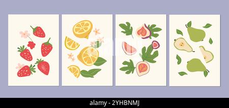 Abstrakte, moderne Poster mit Früchten, Kollektion mit flachem Design. Satz von vertikalen Karten mit tropischen Früchten ganz, Scheiben, Stücken. Erdbeeren, Zitronen, f Stock Vektor