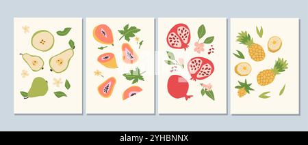Abstrakte, moderne Poster mit Früchten, Kollektion mit flachem Design. Satz von vertikalen Karten mit tropischen Früchten ganz, Scheiben, Stücken. Papaya, Birne, Granatapfel Stock Vektor