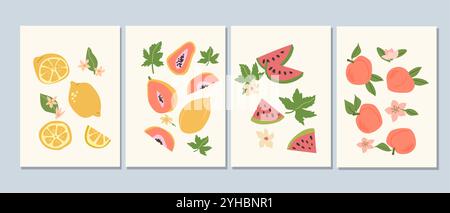 Abstrakte, moderne Poster mit Früchten, Kollektion mit flachem Design. Satz von vertikalen Karten mit tropischen Früchten ganz, Scheiben, Stücken. Zitronen, Papaya, Wasserme Stock Vektor