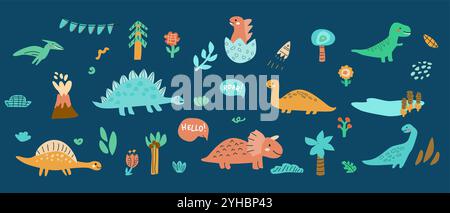 Kinder Dinosaurier Set, Baby Tiere Hintergrund. Dinosaurier-Charaktersammlung, Paket. Kann für Aufkleber, Poster verwendet werden. Kritzele Babytiere für Kinder Stock Vektor