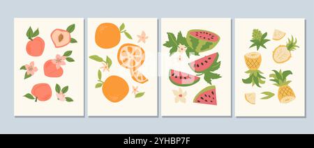 Abstrakte, moderne Poster mit Früchten, Kollektion mit flachem Design. Satz von vertikalen Karten mit tropischen Früchten ganz, Scheiben, Stücken. Ananas, Wassermelone, Stock Vektor