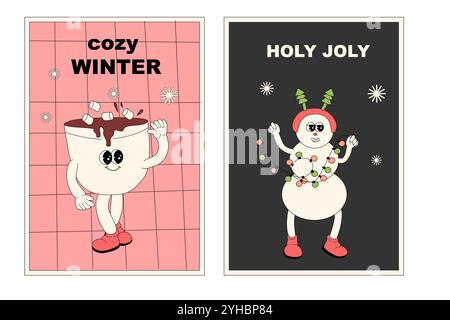 Vertikales Weihnachtsbanner mit groovigem Charakter. Grooviger Weihnachtscharakter mit y2k Elements Poster oder Grußkarte. Frohes neues Jahr und Weihnachten Templat Stock Vektor