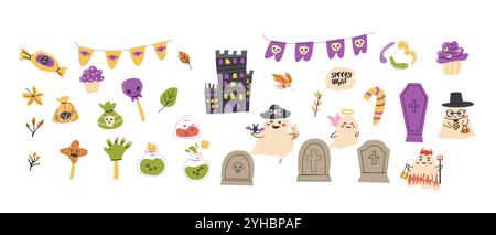 Set mit Elementen für die Halloween-Party für Kinder. Sammlung von niedlichen Geistern in Kostümen, Gräbern, Herbstblättern, Giften. Kinder gruselige Partydekoration festlich el Stock Vektor