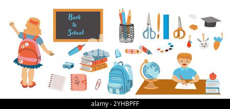 Kinder liefern niedliche Elemente der Grundschule. Schultasche, Anhänger, Kugel, Bleistifte und Bücher, Notizen für Aufkleber, Scrapbooking. Kindergarten fl Stock Vektor