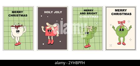 Vertikales Weihnachtsbanner mit groovigem Charakter. Grooviger Weihnachtscharakter mit y2k Elements Poster oder Grußkarte. Frohes neues Jahr und Weihnachten Templat Stock Vektor