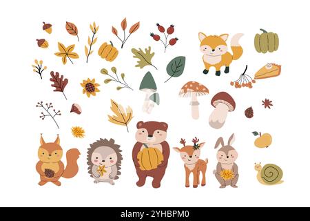 Herbsttiere bündeln sich mit Blättern und anderen saisonalen Gegenständen und Kleidung, Dingen. Waldtiere für Kinder mit Clipart-Elementen für die Ernte. Handgezeichnet Stock Vektor