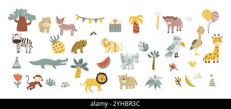 Kindertierset. Afrikanischer Elefant, Löwe, Nashorn, Affe, Zebra, Leopard, Hyäne und andere süße tropische Tiere. Sammlung kindlicher Chara Stock Vektor