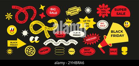 Schwarze freitag-Aufkleber und -Patches, Verkaufspreise-Etiketten und Etiketten. Ästhetischer Brutalismus y2k Formen und Figuren. Stock Vektor