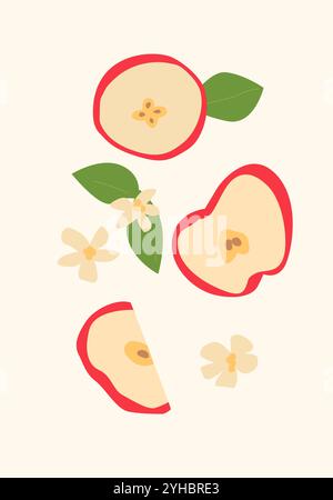 Modernes vertikales Apfelposter, flache Vektorillustration. Sommer- oder Herbstmuster mit Früchten und Erntebezügen. Kann für Etiketten, Markt verwendet werden Stock Vektor