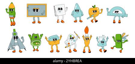 y2k-Schulzeichensatz. Sammlung von Schulsachen mit lustigen Gesichtern. Tafel, Lineale und andere Schreibwaren. y2k Schule Retro Maskottchen für Stock Vektor