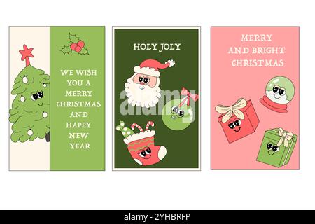 Vertikales Weihnachtsbanner mit groovigem Charakter. Grooviger Weihnachtscharakter mit y2k Elements Poster oder Grußkarte. Frohes neues Jahr und Weihnachten Templat Stock Vektor