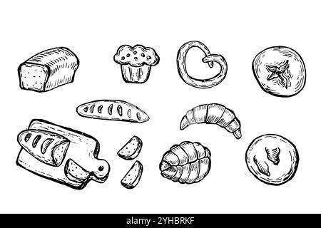 Brotsammlung im Retro-Stil. Skizze von Brötchen, Croissants und anderen Symbolen. Ländliche Elemente der Ernte, Bäckerei. Stock Vektor