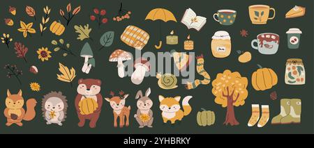 Herbsttiere bündeln sich mit Blättern und anderen saisonalen Gegenständen und Kleidung, Dingen. Waldtiere für Kinder mit Clipart-Elementen für die Ernte. Handgezeichnet Stock Vektor