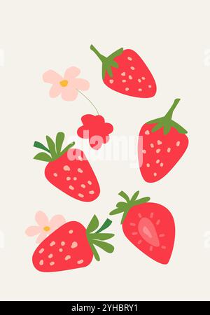 Abstraktes vertikales Erdbeerposter, Vektor-Illustration. Sommer- oder Herbstmuster mit Beeren- und Erntebedeckungsdesign. Kann für Etiketten verwendet werden, Stock Vektor