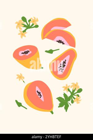 Abstraktes vertikales Papaya-Poster, flache Vektorillustration. Sommer- oder Herbstmuster mit tropischen Früchten, Ernteabdeckung. Kann für das Labor verwendet werden Stock Vektor