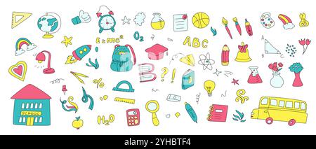 Set mit Kritzelelementen für Kinder. Schreibwaren für den Bildungsbereich, Schulgebäude, Globus, Bücher und andere Symbole für das Zubehör für Schüler. Stock Vektor