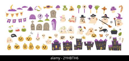 Set mit Elementen für die Halloween-Party für Kinder. Eine Sammlung süßer Geister, Gräber, Herbstblätter, Gifte. Kinder gruselige Partydekoration mit festlichen Elementen Stock Vektor