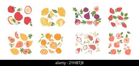 Abstrakte moderne Früchte, flache Kollektion. Set tropischer Früchte, ganze Scheiben, Stücke. Apfel, Zitrone, Erdbeere, Feigen, Papaya, Orange, Drachenfrucht, S. Stock Vektor