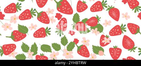 Handgezeichnetes abstraktes Sommererdbeermuster mit Pflanzenteilen und geschnittenem Essen. Nahtloses Muster für Textilien, Geschenkpapier, Poster. Modische Textur Stock Vektor