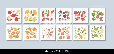 Abstrakte moderne Poster mit Früchten, flache Kollektion. Set quadratischer Karten mit tropischen Früchten, ganzen Scheiben, Stücken. Apfel, Zitrone, Erdbeere, Feigen, Stock Vektor