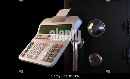 Ein 3D-Rendering von schwarzem Safe mit geöffneter Tür, der ein dunkles, leeres Innere und einen Taschenrechner offenbart Stockfoto