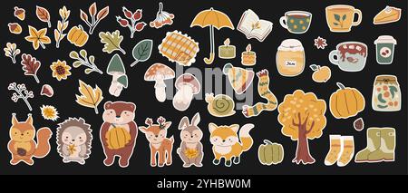 Herbsttiere bündeln sich mit Blättern und anderen saisonalen Gegenständen und Kleidung, Dingen. Waldtiere für Kinder mit Clipart-Elementen für die Ernte. Handgezeichneter großer Satz von Herbstaufklebern. Stock Vektor