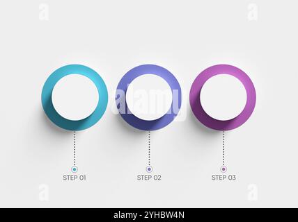 Die 3D-Infografikvorlage zeigt einen dreistufigen Prozess mit runden Elementen und Platz für Text. 3D-Rendering. Stockfoto