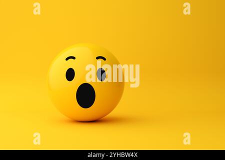 3D-Darstellung eines überraschten Emojis auf einem leuchtend gelben Hintergrund, das ein Gefühl des Erstaunens und Staunens vermittelt. 3D-Rendering. Stockfoto