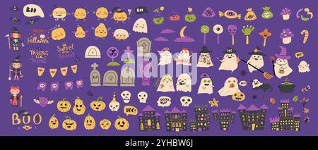 Set mit Elementen für die Halloween-Party für Kinder. Sammlung von niedlichen Geistern, Pumkins, Gräbern, Herbstblättern, Giften, Schloss. Kinder gruselige Partydekoration festliche Elemente mit Halloween-Charakteren. Stock Vektor