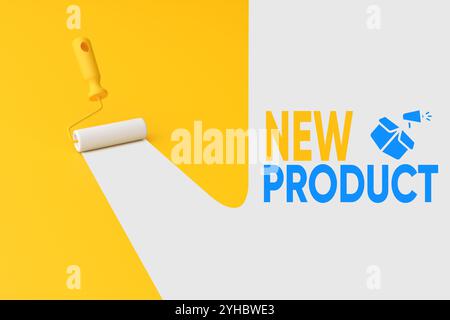 Neue Produktankündigung. Malerwalze mit einer weißen Linie auf gelbem Hintergrund, die die Worte „Neues Produkt“ offenbart. 3D-Rendering. Stockfoto