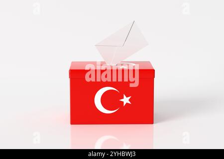 Wahlen und Wahlen in der Türkei. Weißer Umschlag, der in eine Wahlurne mit türkischer Flagge eindringt. 3D-Rendering. Stockfoto