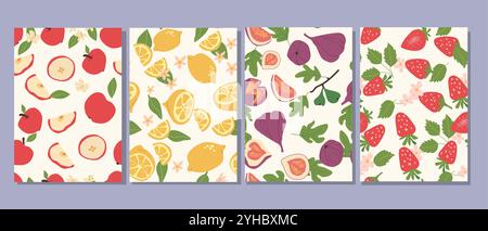 Abstrakte, moderne Poster mit Früchten, Kollektion mit flachem Design. Satz von vertikalen Karten mit tropischen Früchten ganz, Scheiben, Stücken. Apfel, Zitrone, Feigen, Str Stock Vektor