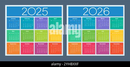 Farbenfroher Kalender für 2025 und 2026 Jahre. Die Woche beginnt am Sonntag. Isolierte Vektordarstellung. Stock Vektor