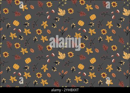 Herbst Herbst Erntedankfest nahtloses Muster mit süßen Blättern, Dingen, Pumkins. Dekorationsdesign für die Ernte. Quadratischer Hintergrund mit Blättern, Eicheln, Nüssen. Stock Vektor