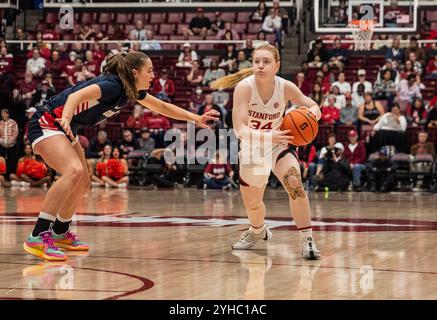 Palo Alto CA, USA. November 2024. A. Stanford Guard Tess Heal (34) fährt während des NCAA/ACC Women's Basketball-Spiels zwischen Gonzaga Bulldogs und dem Stanford Cardinal zum Basketball. Stanford schlug Gonzaga 89-58 im Maples Pavilion Stanford, CA. Thurman James /CSM/Alamy Live News Stockfoto