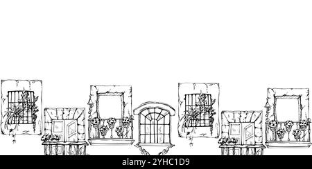 Mexikanischer mediterraner marokkanischer Fensterrahmen Balkon, Hauspflanzen, architektonische Fassade außen. Handgezeichnete Vektorgrafik. Nahtloses Banner Stock Vektor