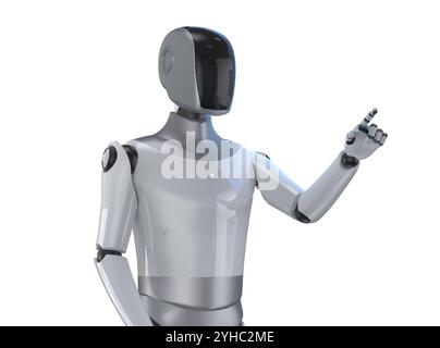 3D-Rendering humanoider Roboter oder Ai Cyborg mit schwarzem Finger-Punkt isoliert auf weiß Stockfoto