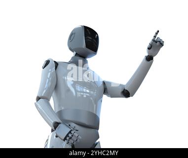 3D-Rendering humanoider Roboter oder Ai Cyborg mit schwarzem Finger-Punkt isoliert auf weiß Stockfoto