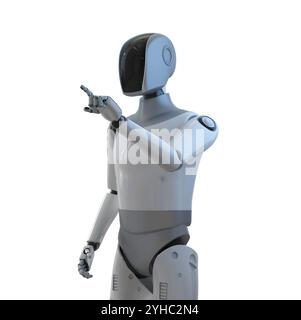 3D-Rendering humanoider Roboter oder Ai Cyborg mit schwarzem Finger-Punkt isoliert auf weiß Stockfoto