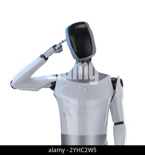 3D-Rendering humanoider Roboter oder Ai Cyborg mit schwarzem Gesicht denken oder analysieren isoliert auf weiß Stockfoto