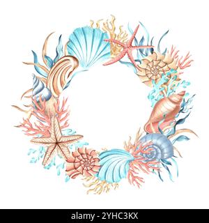 Muscheln mit Korallen und Algen mit Sternenfischen. Runder Rahmen. Handgezeichnete Aquarellillustration isoliert. Marinekranz mit Kopierraum. Unter Wasser Stockfoto