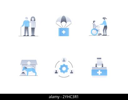 Medizinische Hilfe und Unterstützung - flache Design-Symbole Set Stock Vektor