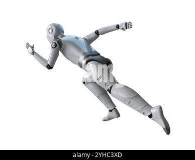 3D-Rendering humanoider Roboter oder Ai Cyborg mit schwarzem Gesicht bewegen sich isoliert auf weiß vorwärts Stockfoto