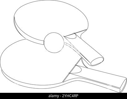 Zwei Tischtennisschläger und ein Ball, eine Linie. Tischtennissportspiel mit einer einzigen durchgehenden Linie. Vektorillustration, bearbeitbare Kontur Stock Vektor