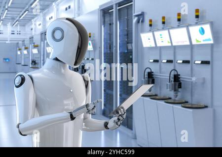 Halbleiterfertigung mit 3D gerenderten Roboterarmen mit Silizium-Wafern Stockfoto