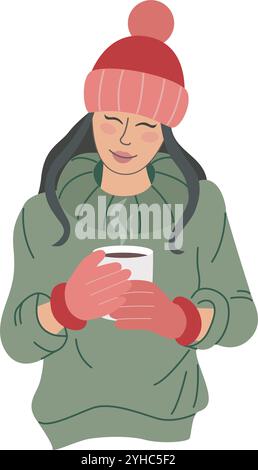 Schöne Frau in warmer Mütze, Strickpullover und Handschuhen wärmt sich mit heißem Getränk auf Stock Vektor