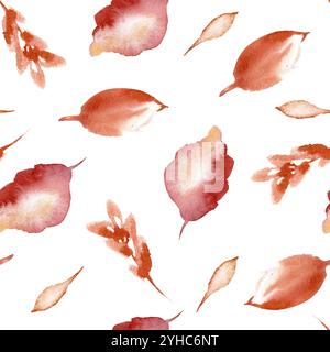 Rostorange Aquarelle nahtloses Muster von Herbstblättern, Striche isoliert. Herbstbotanisch wiederholter Hintergrund in Terrakottatönen. Minimalistischer Natur Stockfoto