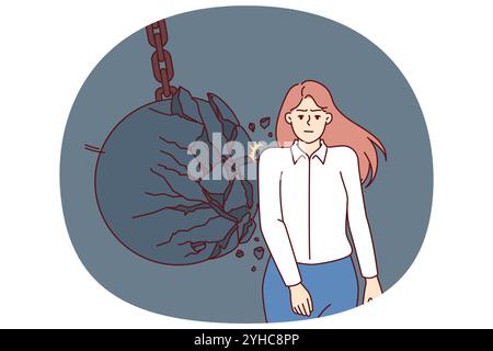 Eine hartnäckige Geschäftsfrau erreicht Erfolg, ohne auf den Rückschlag der eisernen Kugel zu achten. Eine mutige Geschäftsfrau möchte Anführerin werden und die Karriereleiter erklimmen, um alle Hindernisse zu überwinden Stock Vektor